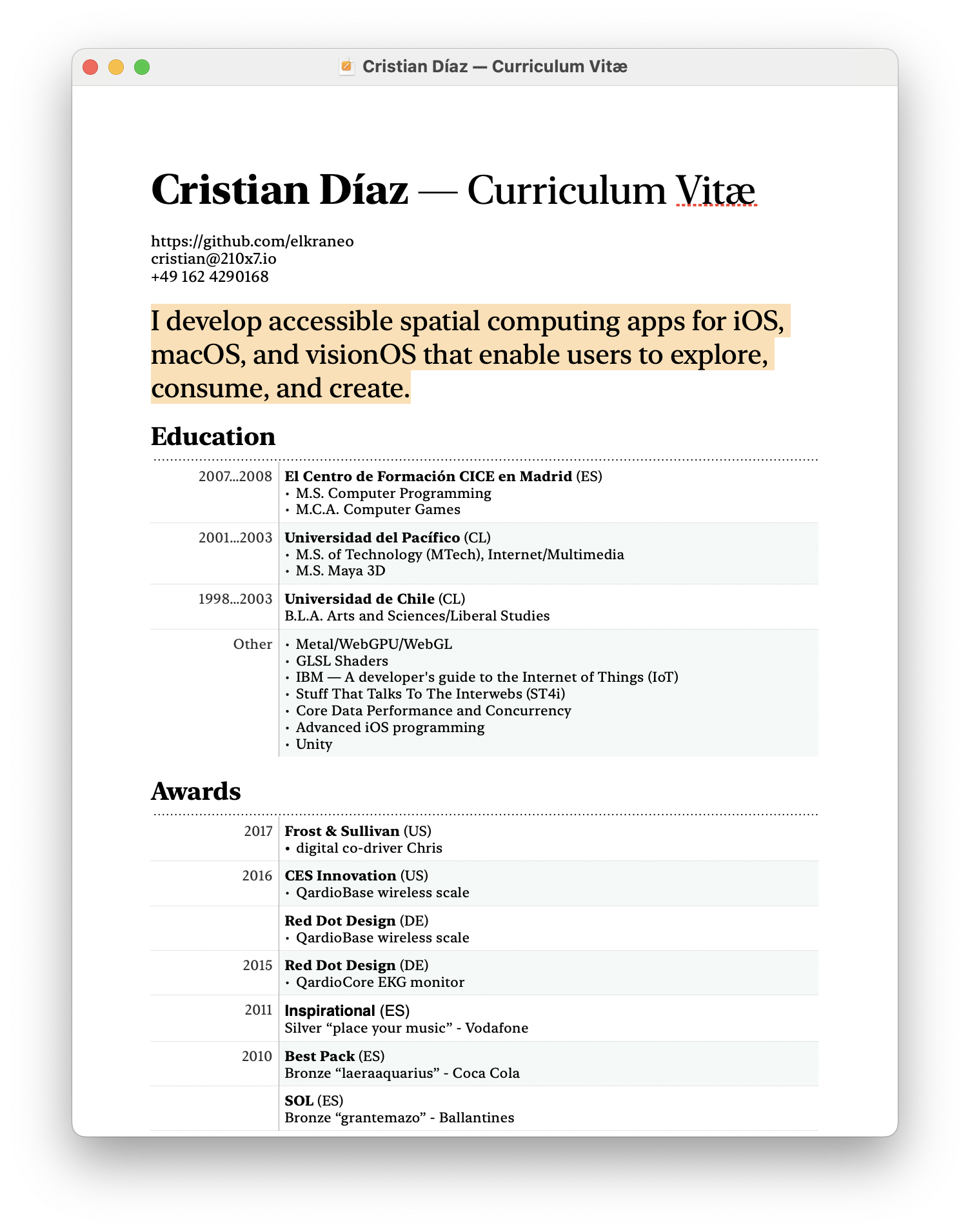 Cristian Díaz — Curriculum Vitæ